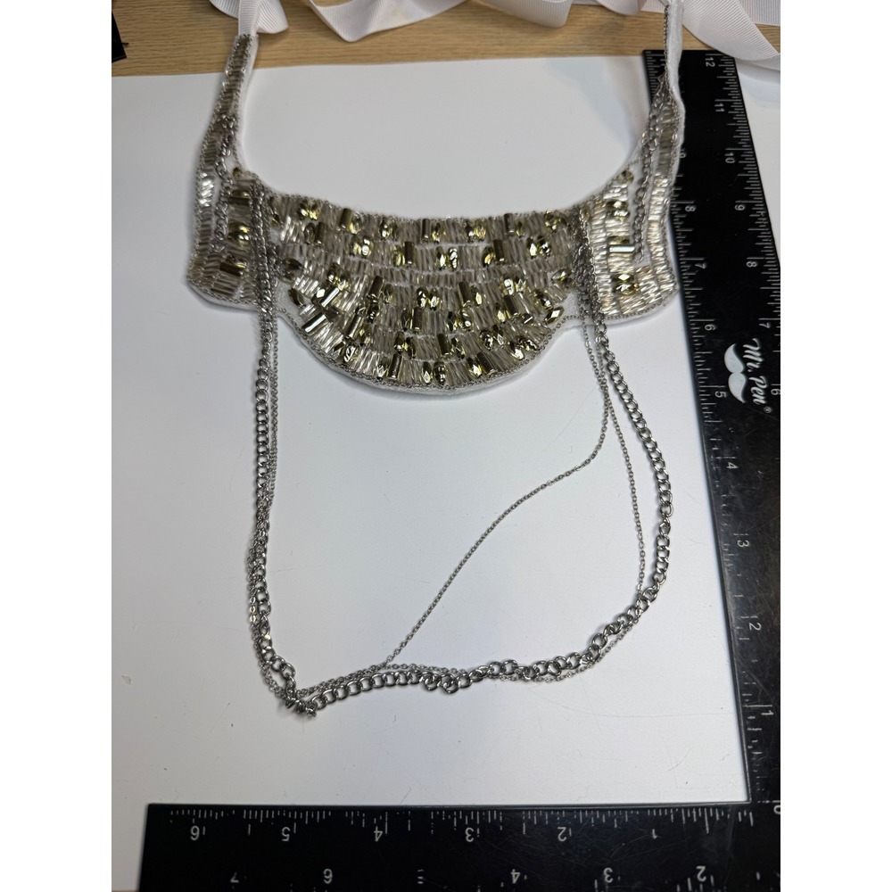 Beaded Bib Statement Necklace Silver Tone Crystal Chain Grosgrain Ribbon Tie - Picture 2 of 3